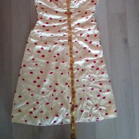 Silk Charmeuse Cherry Print Ruched Dress Size M - Picture 8 of 11